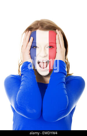 Donna con la bandiera francese sul viso. Foto Stock