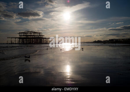 Brighton West abbandonati Pier, bassa marea,Tramonto Foto Stock