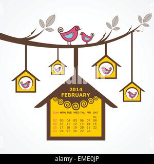 Calendario di Febbraio 2014 con gli uccelli sedersi sul ramo di vettore di stock Illustrazione Vettoriale