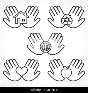 Set di icone di ambiente con le mani umane vettore di stock Illustrazione Vettoriale