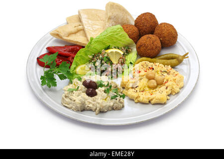 Hummus, falafel, Baba ghanoush, tabulé e pita, cucina medio orientale Foto Stock