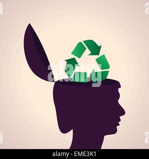 Illustrazione del concetto di pensiero-testa umana con simbolo di riciclaggio Illustrazione Vettoriale