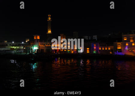 Dubai Creek di notte, sambuco, EMIRATI ARABI UNITI Foto Stock