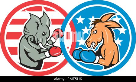 Il pugilato Democrat asino Versus elefante repubblicano mascotte Illustrazione Vettoriale