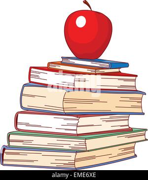 Pila di libri e mela rossa Illustrazione Vettoriale