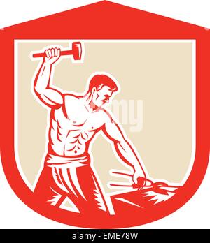 Fabbro sorprendente mazza incudine scudo retrò Illustrazione Vettoriale