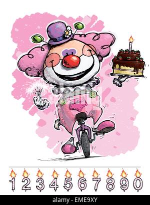 Clown su monociclo portante un Gils la torta di compleanno Illustrazione Vettoriale