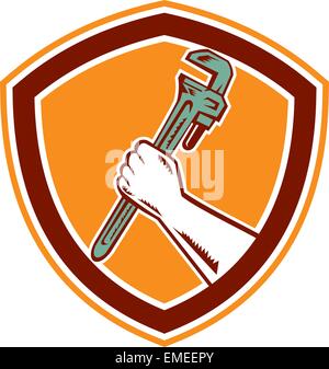 Mano che tiene una chiave regolabile Shield xilografia Illustrazione Vettoriale