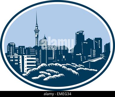 Auckland City Skyline xilografia retrò Illustrazione Vettoriale