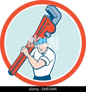 Plumber portando Monkey Wrench cerchio Cartoon Illustrazione Vettoriale