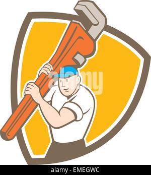 Plumber portando Monkey Wrench scudo Cartoon Illustrazione Vettoriale