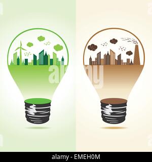 Eco e inquinato cityscape nel bulbo Illustrazione Vettoriale