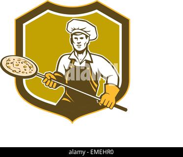 Pizzaiolo Azienda Peel scudo retrò Illustrazione Vettoriale