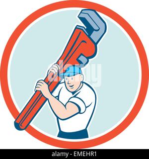 Plumber portando Monkey Wrench cerchio Cartoon Illustrazione Vettoriale