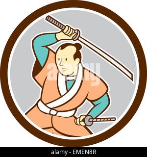Samurai Warrior spada katana di Cerchio Cartoon Illustrazione Vettoriale