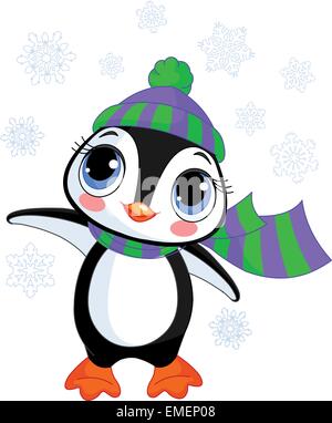 Carino inverno pinguino con cappello e sciarpa Illustrazione Vettoriale