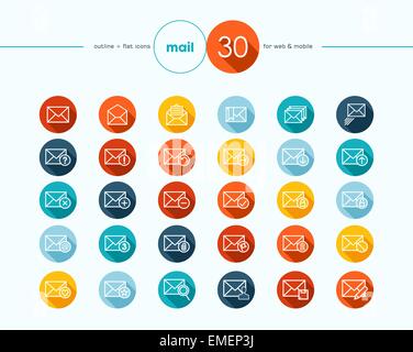 L'invio tramite e-mail flat icone di stile di contorno impostato Illustrazione Vettoriale