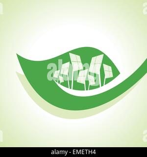 Concetto di ecologia - Pannello solare con foglie di vettore di stock Illustrazione Vettoriale