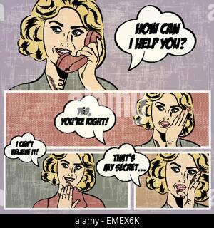 Illustrazioni per libri di fumetti con retro donna in pop art style Illustrazione Vettoriale