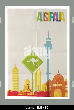 Viaggiare in Australia i punti di riferimento dello skyline di poster vintage Illustrazione Vettoriale