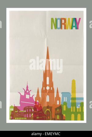 Viaggi Norvegia landmarks skyline poster vintage Illustrazione Vettoriale