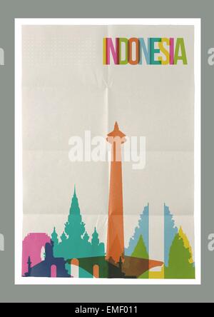 Viaggiare in Indonesia i punti di riferimento dello skyline di poster vintage Illustrazione Vettoriale