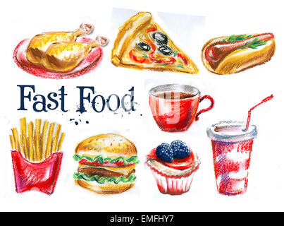 Il fast food su sfondo bianco Foto Stock