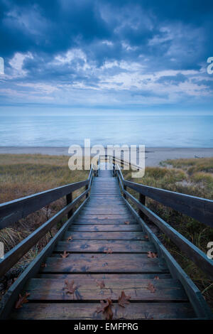 Una scala conduce in basso erba dune coperte da una spiaggia lungo la riva del Lago Huron. Pineta Parco Provinciale, Ontario, Canada. Foto Stock