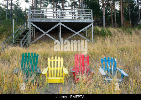 Muskoka Coloourful sedie alterate dal tempo lungo erba dune coperte. Pineta Parco Provinciale, Ontario, Canada. Foto Stock