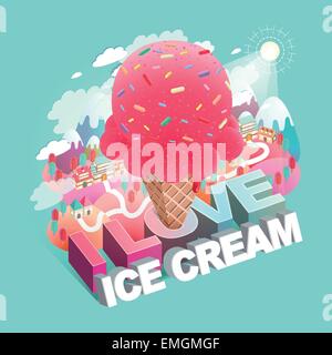 Grazioso appartamento 3D isometrica ed infografico con big pink ice cream Illustrazione Vettoriale