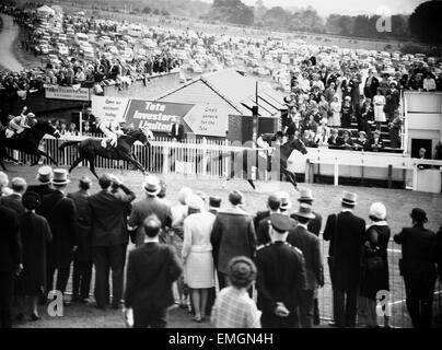 1965 Epsom Derby corsa di cavalli. Francese mare cavallo Bird II cavalcato da fantino Pat Glennon passa la finitura post di vincere la gara. 2 Giugno 1965. Foto Stock