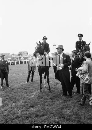 1965 Epsom Derby corsa di cavalli. Francese mare cavallo Bird II e jockey Pat Glennon portato nel contenitore dei vincitori dopo la gara dal proprietario. 2 Giugno 1965. Foto Stock