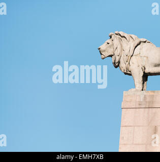 La scultura in pietra della maestosa lion con il blu del cielo come sfondo. La statua è un dettaglio del parlamento svedese edificio a Stoccolma, Svezia. Foto Stock