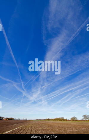 Un sacco di scie di condensazione, contrails o percorsi di vapore in un cielo blu Foto Stock