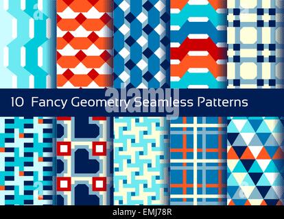 Geometrica pattern seamless sfondo. Set di 10 motivi astratti. Forme colorate composizione Illustrazione Vettoriale