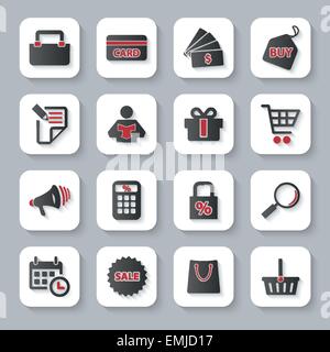 Moderno design illustrazione vettoriale icona piatta set con lunga ombra stile di shopping di oggetti. Isolato su sfondo grigio. Illustrazione Vettoriale