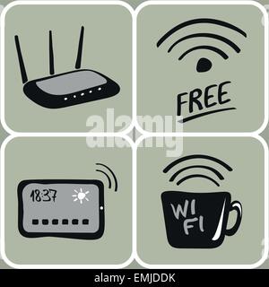 Set di disegnato a mano i dispositivi wifi icone Illustrazione Vettoriale