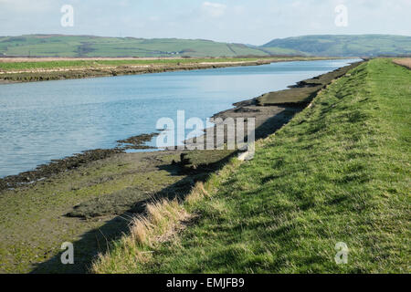 Dritto Fiume Afon Leri, prima di entrare in Aberdovey estuario nella distanza. Entroterra BBC serie tv girato in questa regione. Foto Stock