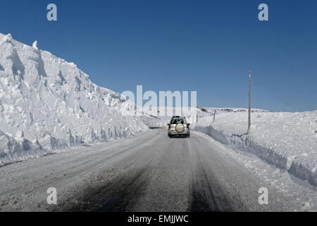 Guida auto in direzione est sulla strada E7 su Hardangervidda, Norvegia, con alte mura di neve che circonda la strada. Foto Stock