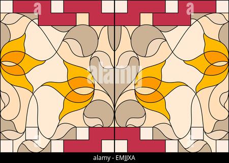Finestra di vetro colorato. Composizione di tulipani stilizzati, foglie, confini geometrici Illustrazione Vettoriale