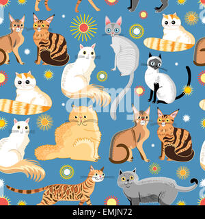 Seamless motivo grafico di diverse razze di gatti su uno sfondo blu Foto Stock