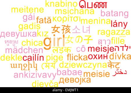 Concetto di sfondo wordcloud internazionale multilingue molti corsi di illustrazione della ragazza Foto Stock