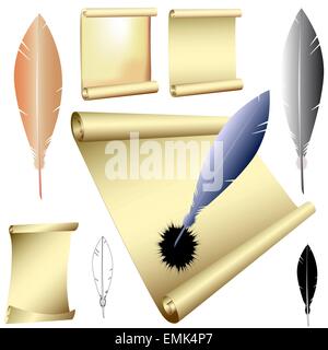 Illustrazione Vettoriale delle varie quills e pergamene Illustrazione Vettoriale