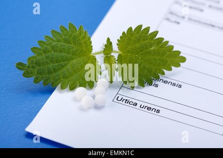 Urtica Urens e pillole omeopatici sull'omeopatia foglio correlati Foto Stock