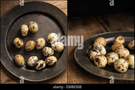 Compilazione di moody illuminazione naturale di impostazione del quaill uova con stile vintage Foto Stock