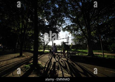 (150422) -- Bogotà, Aprile 22, 2015 (Xinhua) -- Viaggi residente su biciclette durante il 'Car-Free giorno senza moto', nella città di Bogotà, capitale della Colombia, il 22 aprile 2015. Il sindaco di Bogotà Gustavo Petro ha istituito una nuova edizione di "Car-Free giorno senza moto', per migliorare la mobilità in città e l'ambiente, secondo la stampa locale. (Xinhua/Jhon Paz) (VF) Foto Stock