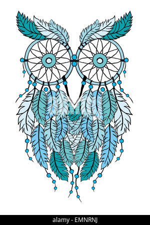 Tribale blue dream catcher owl, disegnati a mano illustrazione Foto Stock