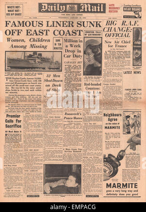 1940 front page Daily Mail affondamento del castello di Dunbar Foto Stock