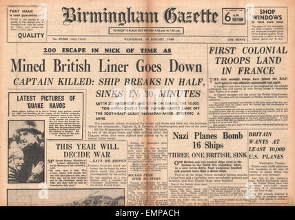 1940 pagina anteriore Birmingham Gazette affondamento del castello di Dunbar Foto Stock