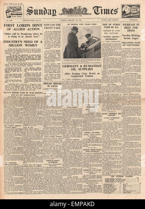 1940 front page Sunday Times guerra generale News Foto Stock